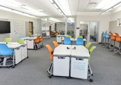 Desks with colorful chairs